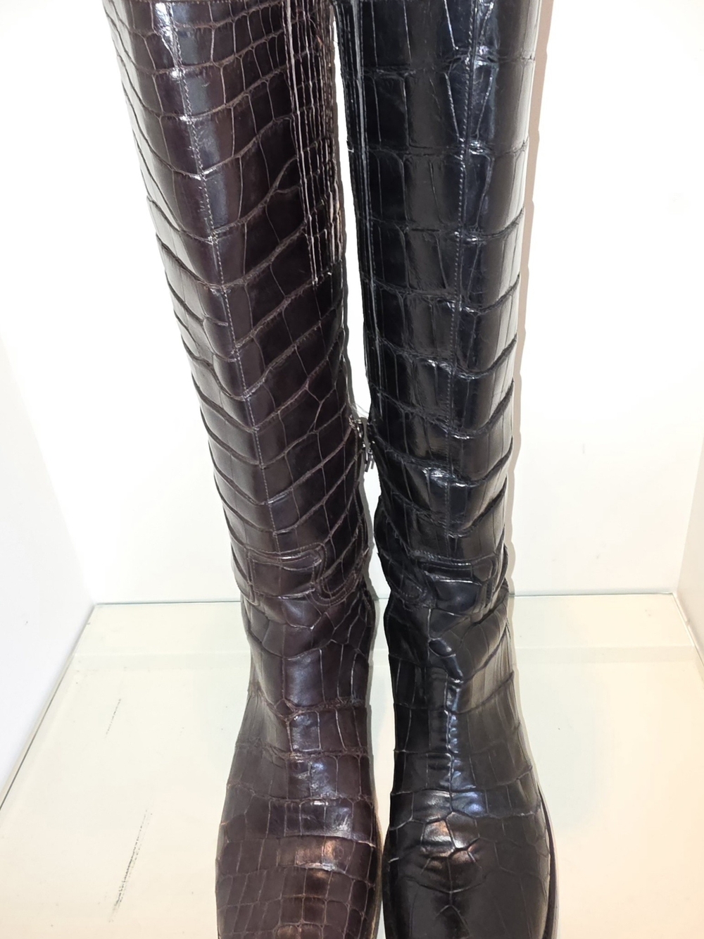 Women’s Brown/Black Leather Crocodile-Embossed Knee-High Riding Boot